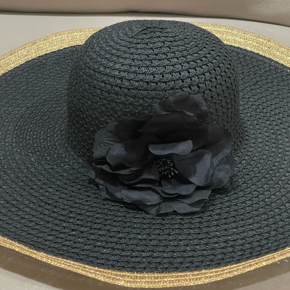 Apt 9 Floppy Straw Beach Sun Hat With Flower Vacation Summer Gold Black One Size - Picture 7 of 8